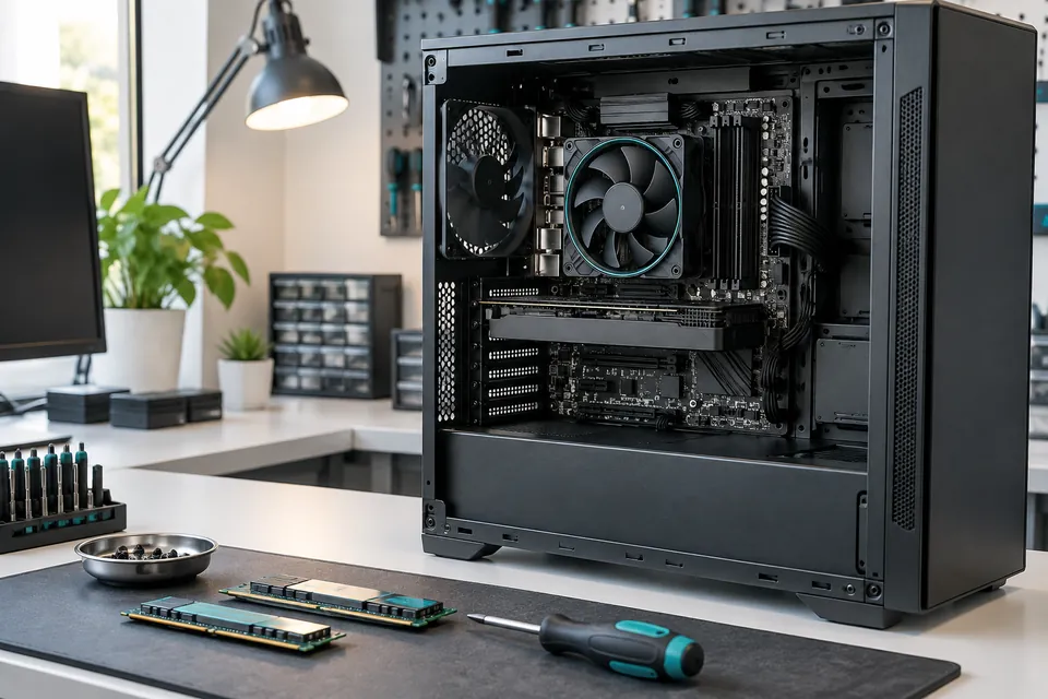 Open desktop computer and upgrade components on a tidy repair bench