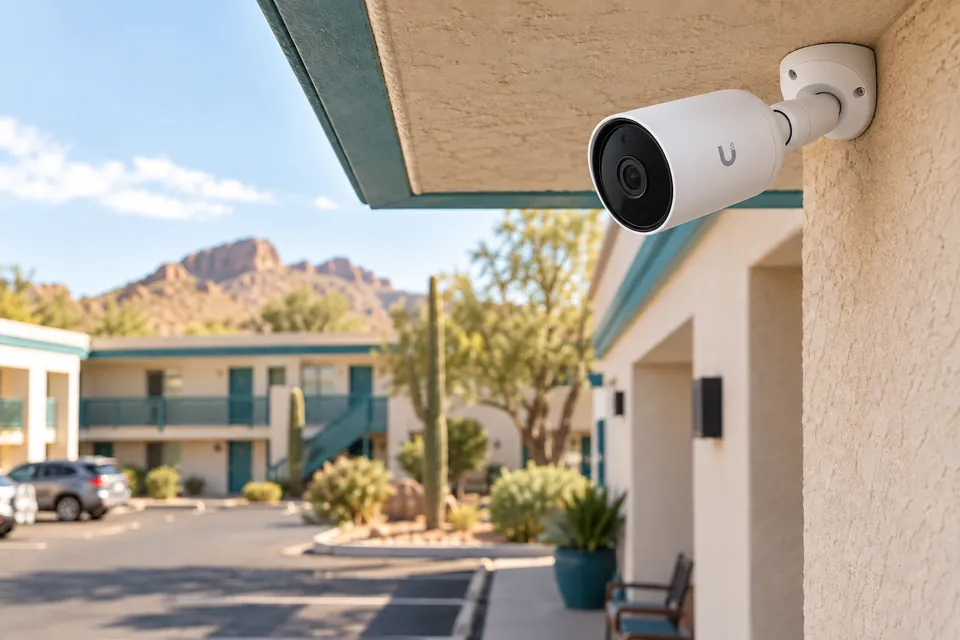 UniFi security camera mounted beneath the eave of a small motel