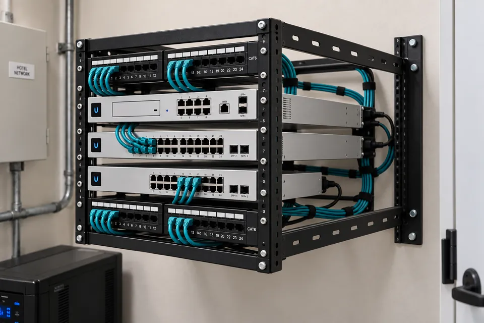 Compact deep wall-mounted rack with UniFi gateway, switches, and organized cabling