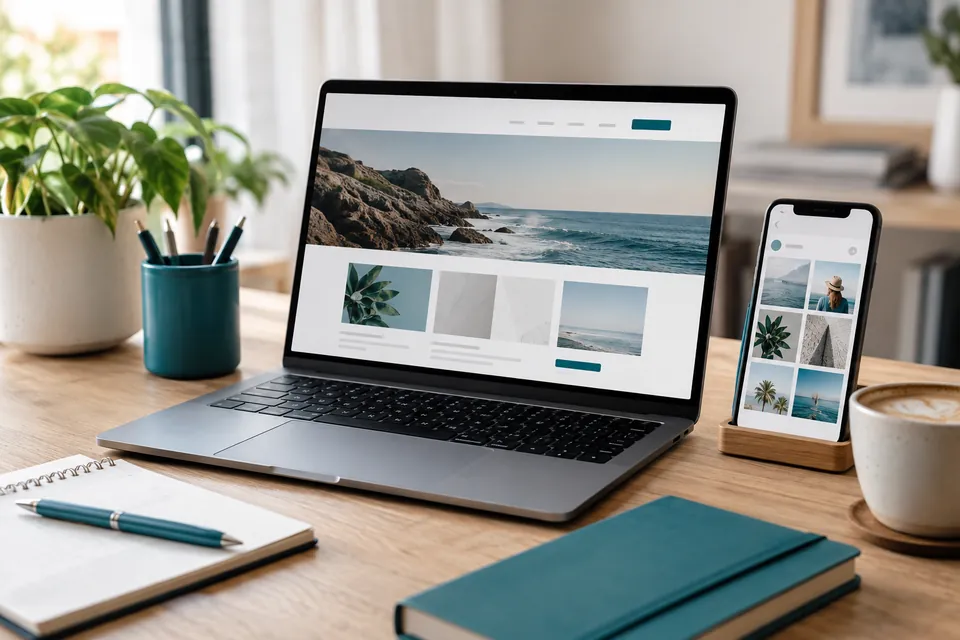Laptop displaying a website beside a phone showing social media content