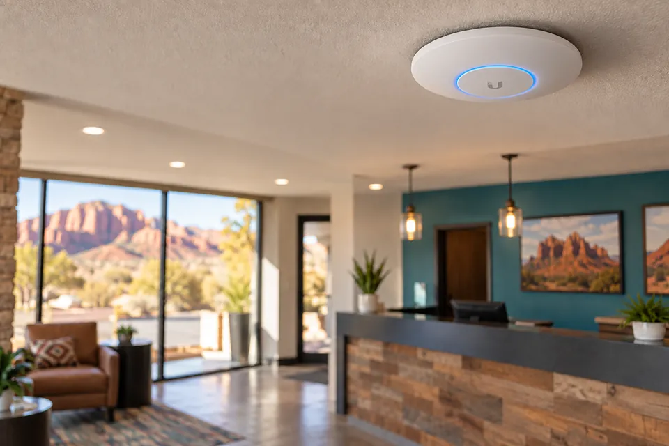 Ceiling-mounted UniFi access point in a welcoming motel lobby